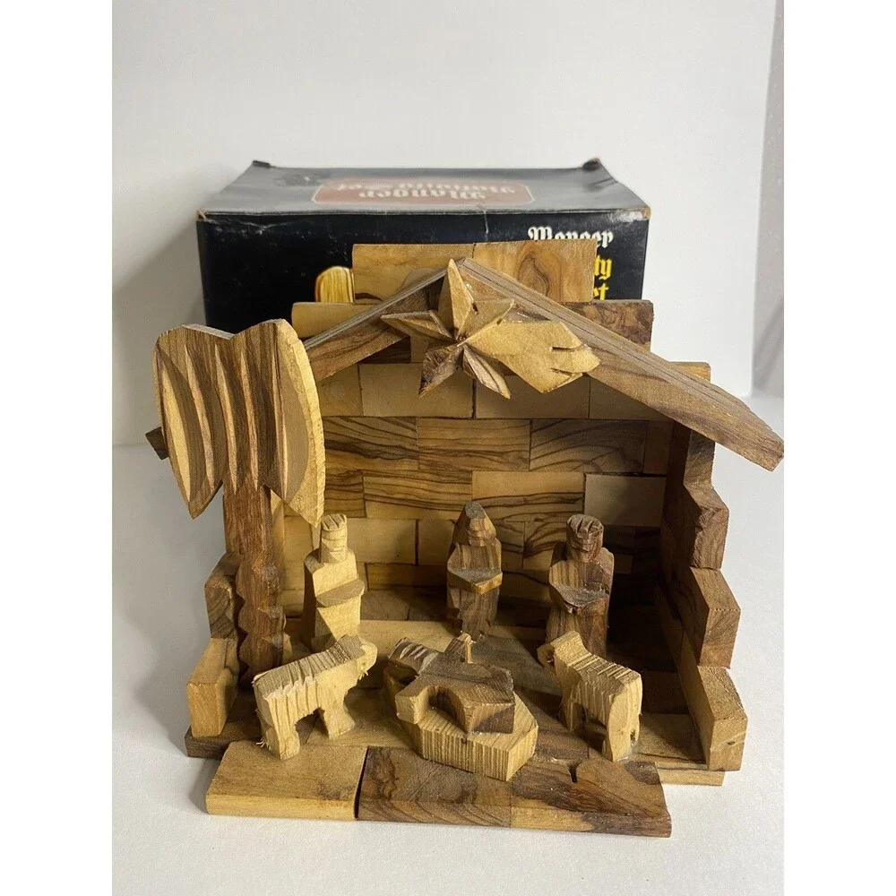 Wood Nativity Set Manger Hand Carved Olive Wood GROWN HILLS OF BETHLEHEM Holiday